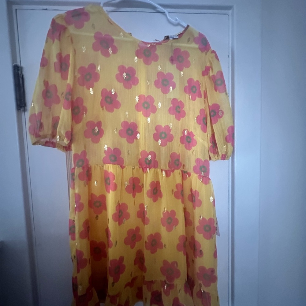 Never Fully Dressed Vibrant Yellow Dress with Pink Floral Design